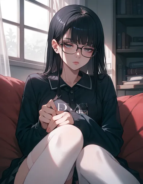 (Masterpiece), (best quality), (high quality), anime, school, 1girl, goth girl, (depressed look), half closed eyes, detailed eyes, long stockings, absolute territory, dark hair, straight hair, small glasses, detailed, best quality shadows, highest resoluti...