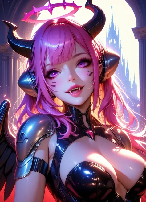 (perfect_quality,perfect_anatomy,perfect_body,masterpiece,beautiful),(City, daylight, cyberpunk),(intricate knight headgear), Dark skin tone, long_pink_hair,beautiful_hair,green_eyes,beautiful_eyes,1_beautiful_woman,cute_face,beautiful_face,beautiful,best_...