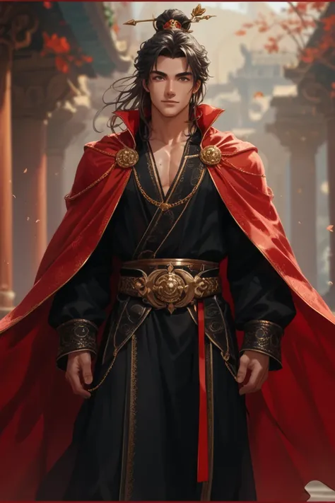 a young male cultivator wearing Chinese-style heavenly cultivator clothing in black with gold details with a red cape with a face with effeminate features attractive but strong male with a strong body like a Greek god with a belt shaped like a lion with st...