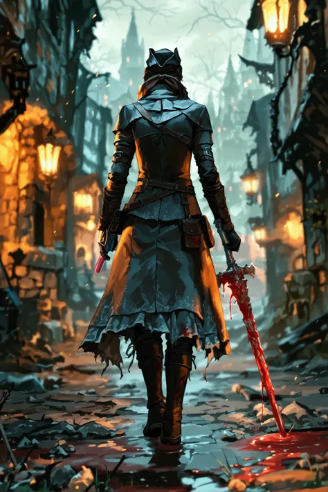 A hunter from the game  "Bloodborne" receives an red deodorant stick; in the middle of an abandoned ruined village; covered in blood;  Dark fantasy style; Bloodborne style 