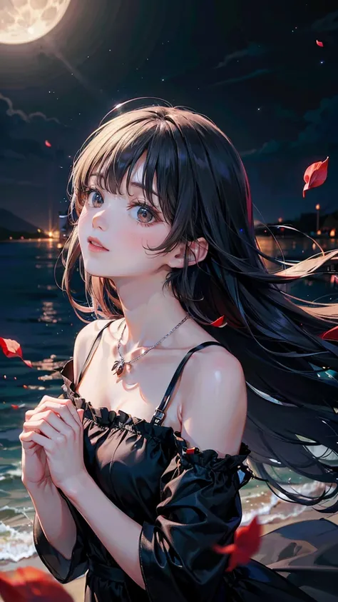 ( high res), a beautiful woman 、Dignified、intelligent woman、A detailed eye for sharpness、Long eyelashes、 long black hair 、 Black Simple Dress、simple silver necklace on the chest、(Red rose petals are fluttering),Pitch Black Night、Seaside、Looking up at the m...