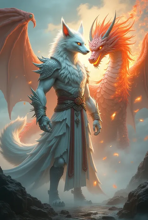 A powerful mythical warrior in the form of the White Fox Demon followed by a fiery breathing dragon