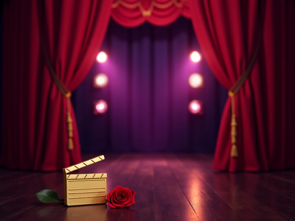  A themed cover for a focused channel The design features a background with shades of gold and purple,  evoking sophistication and drama ,  a small gold clapperboard , and a red rose . In the background, , a half-open theater curtain suggests mystery and r...