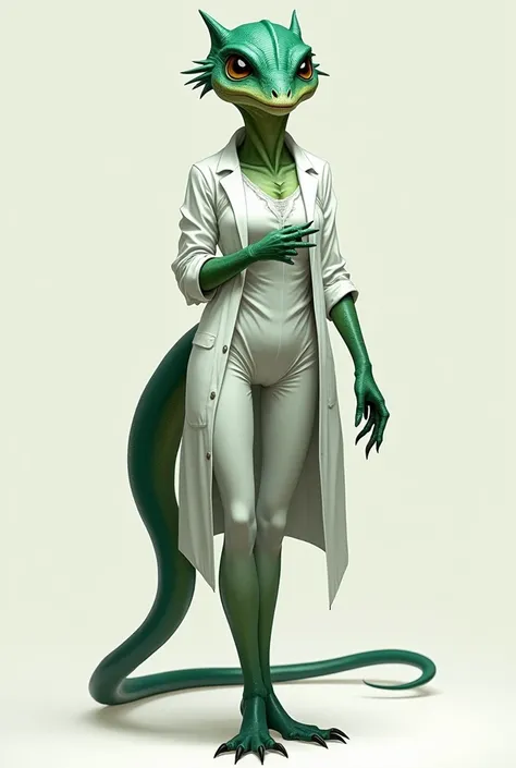 tall, reptilian-humanoid female, skin is a deep emerald green, shimmered with an almost metallic sheen; eyes are large and almond-shaped, a deep, intelligent brown and reptilian irises; neck is elongated, giving her an almost serpentine grace, and her tail...