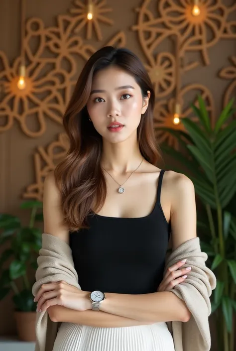 A Korean woman, with a confident expression, her brown long hair highlighted with blonde, Tilting his head in a relaxed manner, silver necklace, watch, wearing a thin shawl on both arms , with a black tank top  and a pleated white skirt. The background fea...