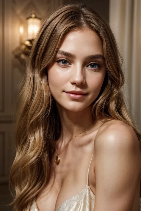 A hyperrealistic image of an elegant woman with long, silky honey blonde hair styled in soft waves that cascade gracefully over her shoulders. She has captivating, almond-shaped light blue eyes with a gentle sparkle, framed by naturally arched brows. Her c...