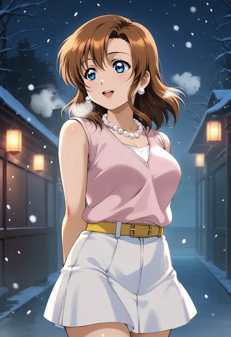 score_9, score_8_up, score_7_up, score_6_up,Shiny skin, kousaka honoka, blue eyes, beautiful, winter clothes, breathing, brown hair, night, snowing, cowboy shot,pink shirt,white open crop vest, arms behind back, Pearl necklace, earrings, white skirt, yello...