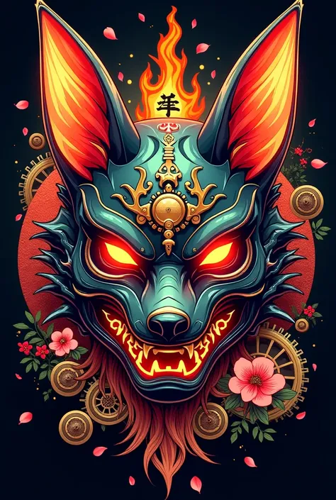 A highly detailed and intricate illustration of a Kitsune mask with a cyberpunk and traditional Japanese aesthetic. The mask is adorned with mechanical elements, glowing red eyes, and golden accents. Surrounding the mask are sharp, dynamic elements like fl...