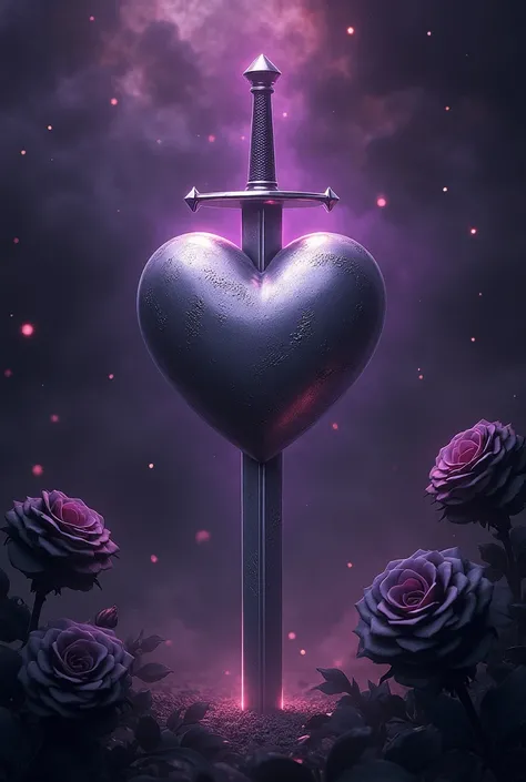 (Photorealism) Dark purple background, starry sky. Purple and red smoke, silver heart and a sword pierced inside in silver. Dark light, and gloomy atmosphere with black and white roses