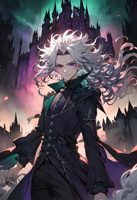  male, dark wizard, majestic, (dark castle background), madness, messy hair,curly hair, long white hair, hair brushed back, gothic, dark indigo, airglow, purple, red, dark muted colors, muted emerald glow