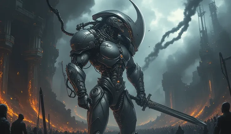 a highly detailed full body shot of a robot gladiator, intricate mechanical parts and mechanisms, holding shield and great sword, dynamic fight pose, gladiator arena, fighting on a sci-fi arena with other gladiators, arena is full of crowd, cinematic drama...