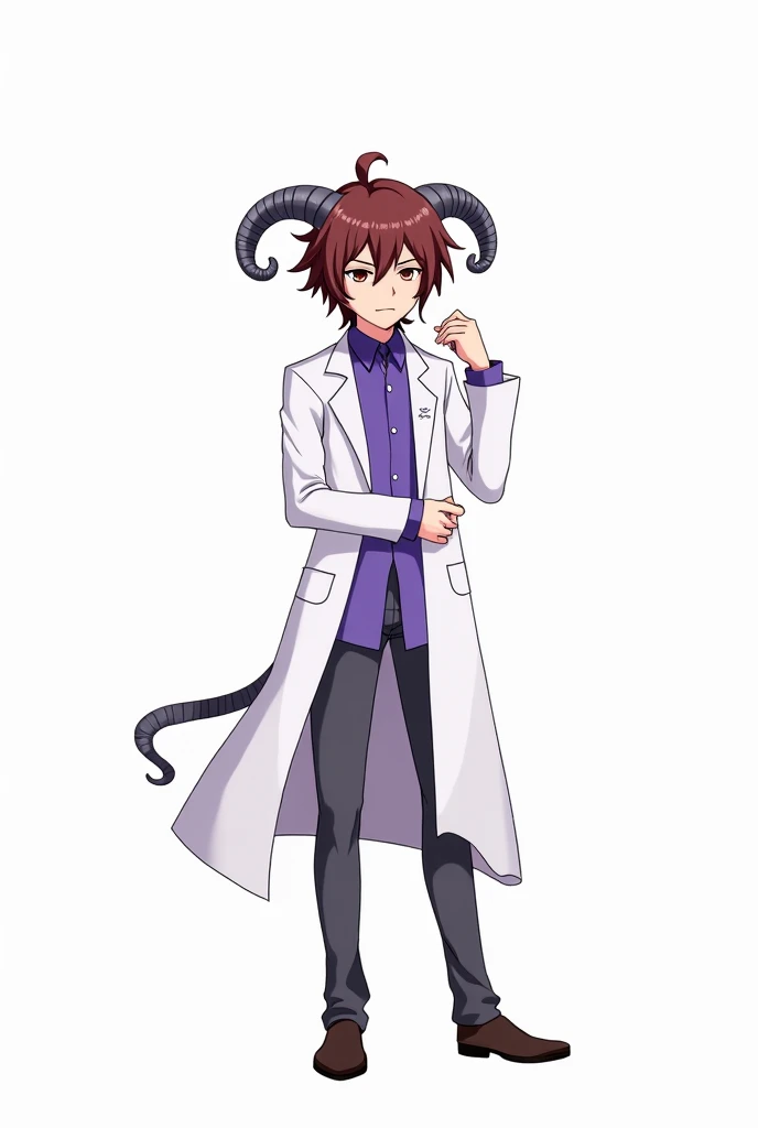 Satyr , with brown hair  , brown eyes  ,  male anime character wearing a purple abuse and a long white scientist coat , gray horns , Young  , in several different positions and expressions,  white background 