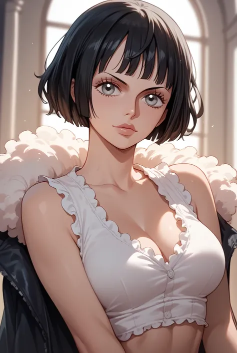 A female character with a One Piece character with short black hair and gray eyes 