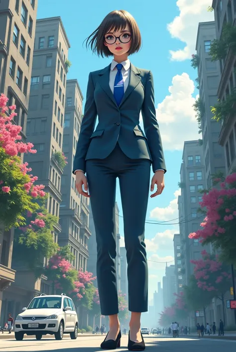 multiple girls, giga Giantess Art, extremely detailed giant shot, Giant, short hair, A high school girls who are much bigger than a skyscraper, wearing rimless glasses, big breasts, big ass, light navy blazer and trousers, blue tie, rounded court high heel...