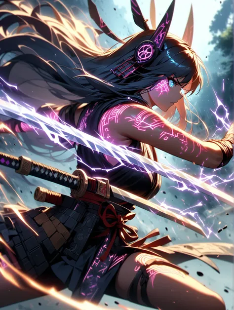  neon tattoos of electronic circuits all over the body and face、Electricity runs through the circuit and shines 。 schoolgirl, Sword girl, long hair, headgear, samurai, battle stance, dynamic action, blur. -