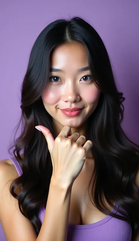 A young woman with long dark hair, photographed like a passport photo, with her shoulders and face facing directly toward the camera. She holds her right hand raised near her face, with her fingers facing toward the viewer and her thumb tucked in, forming ...