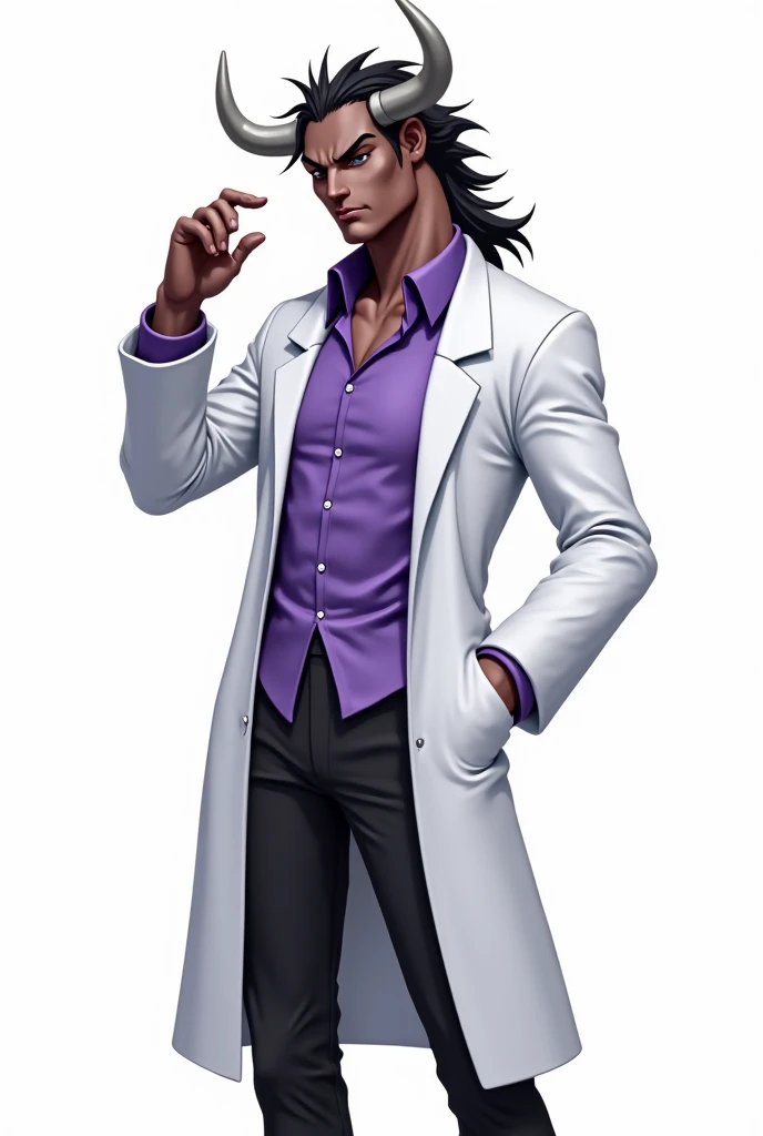  Minotaur scientist anime character , wearing a purple blouse and a lab coat  , gray horns  ,  black pants  ,  on a white background and different positions 