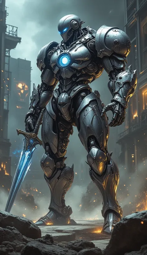 a highly detailed full body shot of a robot gladiator, intricate mechanical parts and mechanisms, holding great sword in cut attack, dynamic fight pose, gladiator arena, fighting on a sci-fi arena with other gladiators, arena is full of crowd, cinematic dr...