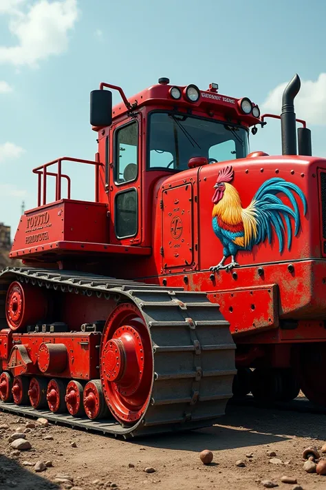 Image and design of a red metallic construction tractor with a drawing of a rooster in color 