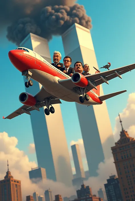  Make a Pixar-style poster with Osama Bin Laden , hittler , Nicolas Maduro,  Gaby Carrizo ,  myth Cortizo flying a plane to the twin towers