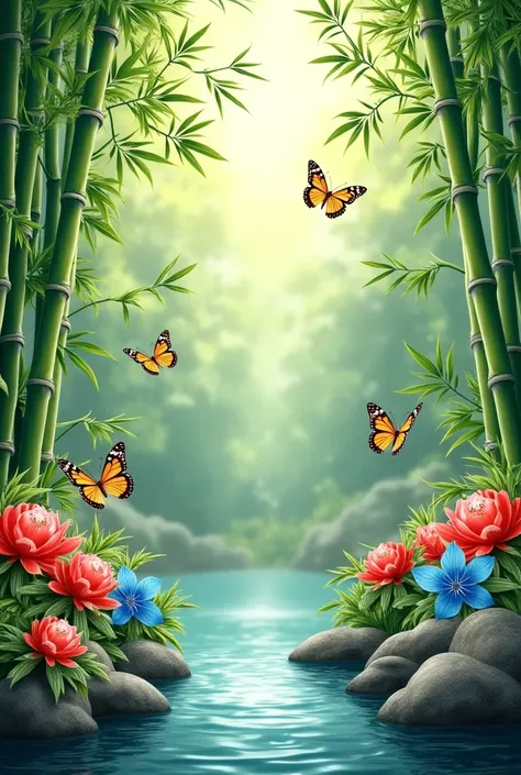 bamboo water fortune, some red and bule flower and flying butterfly video 