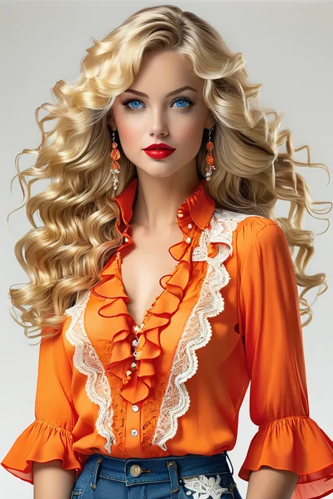 Full body view of a beautiful woman with blond long wavy hair and blue eyes, wearing a vibrant orange blouse with ruffles and lace, paired with a denim short skirt, light makeup complemented by red lipstick, detailed accessories against a white background,...