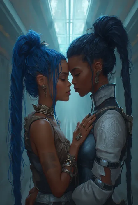  a couple inspired by Jinx  ( Blue hair with braids ) And Ekko  (brown skin)  from League of Legends embracing each other