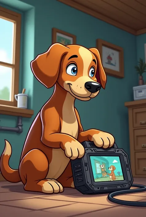 A caramel-colored dog in cartoon style, focused and professional, working in a house. He is using a portable, futuristic electronic device designed to locate leaks. The setting includes domestic details, such as visible pipes and an organized room. The atm...