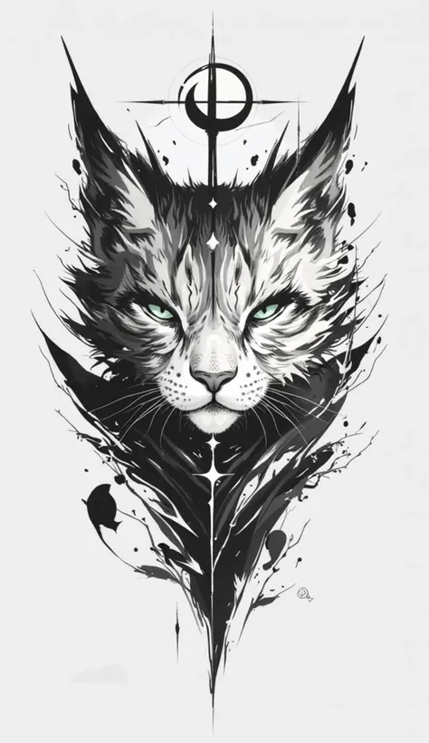  style with that same model but turn it into tattoos with a background of a big, shady forest, Give the green-eyed cat to be the same , The tattoo is on the forearm