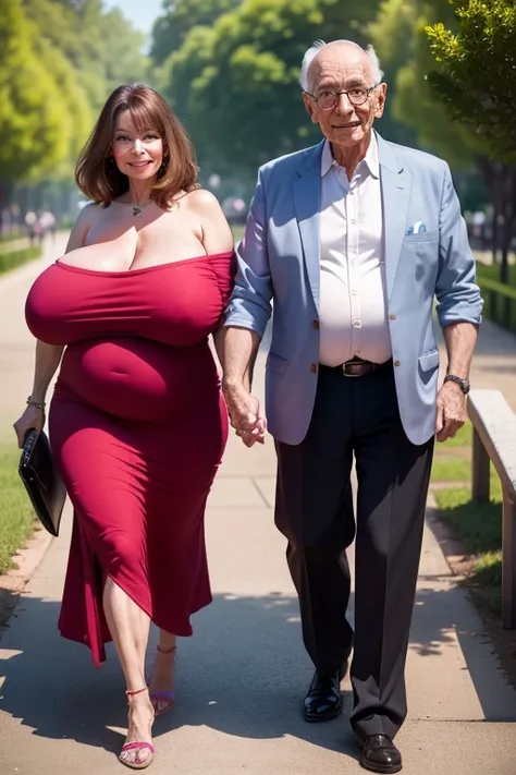 A 35 years old naked top woman, walking stairs in the park, a 90-years old man holding her hand, the woman has a Face like Victoria Principal, wearing a beautiful evening dress, slipping from her shoulder, extremely huge saggy breast, (medium belly), (full...