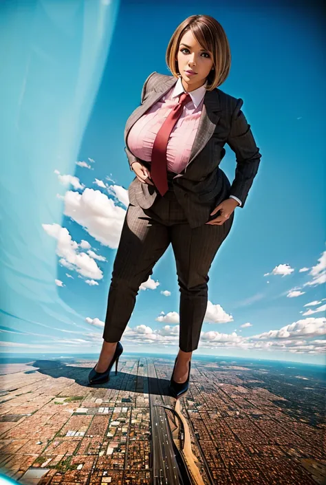 view from outer space of an approaching young giga giantess, Giantess art, 500 miles tall giga giantess, young sophisticated and stylish woman in a light grey italian pinstriped double breasted trouser suit, form fitting crisp office shirt, and a large wid...