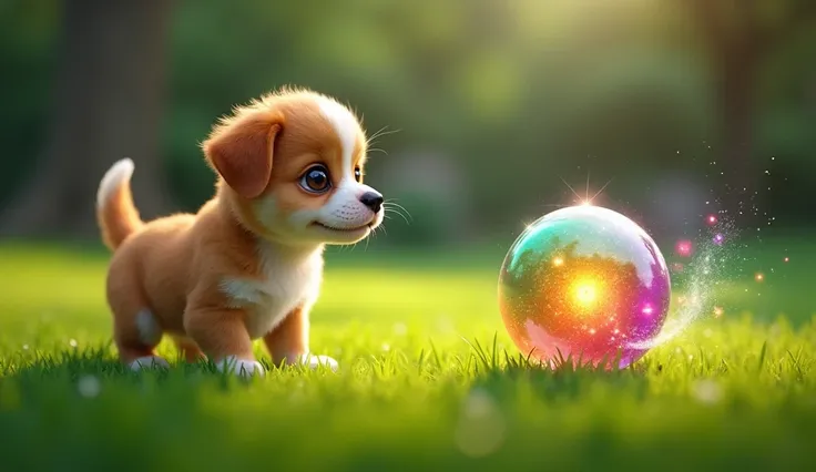 The puppy stands on a lush green lawn, staring at the spinning ball that glows with green, orange, and purple colors. The puppy has an enthusiastic expression, and the ball looks magical as it rolls with colorful sparkles.