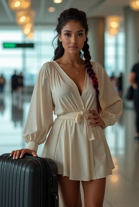 } The woman is inside the Rio de Janeiro airport ,  surrounded by an elegant and modern environment . In the background,  the airport is spacious and well lit ,  with sophisticated details and a touch of Brazilianness .  She wears a light and beautiful out...