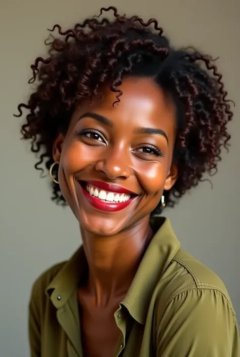  60-year-old woman,  short and voluminous hair with well-defined curls , dark brown color..dark black skin,  She smiles widely and wears an olive green blouse with a light texture.