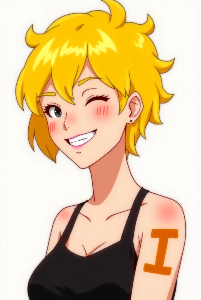 Free Fire doll with yellow hair with little bangs smiling with I tattoo in a black top 