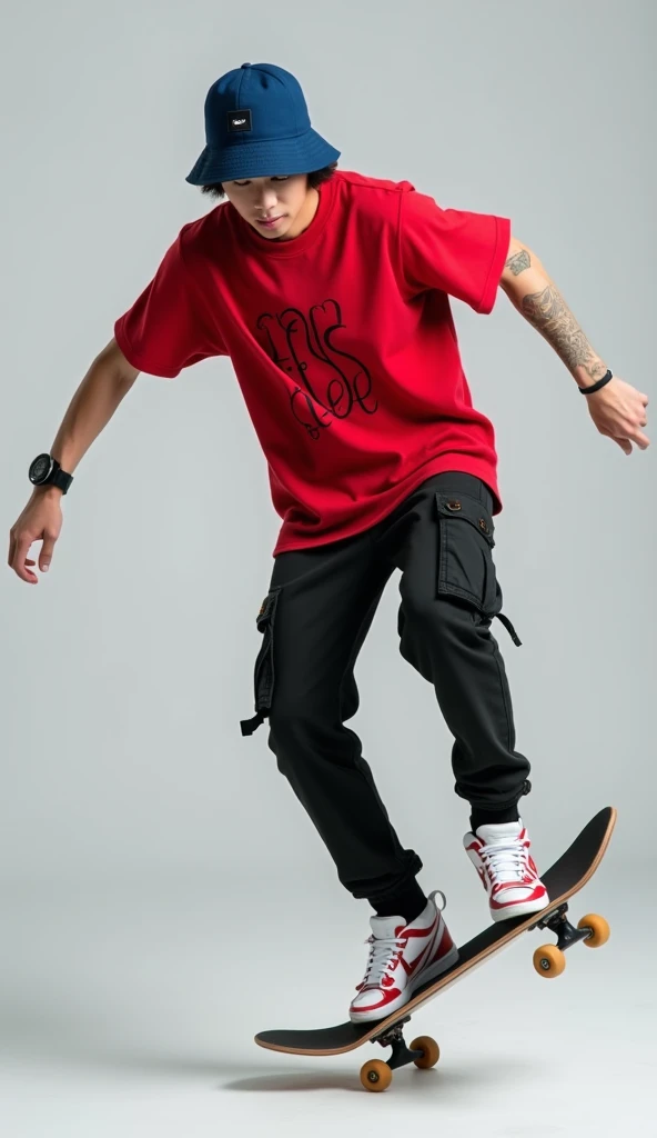 professional real photo of a young Korean man aged 19 amazing skater doing Kickflip, 100% skater fashion style, wearing a red loose shirt and wearing a blue hat, wearing a black watch and a little color tattoo on his arm, wearing black cargo pants, wearing...