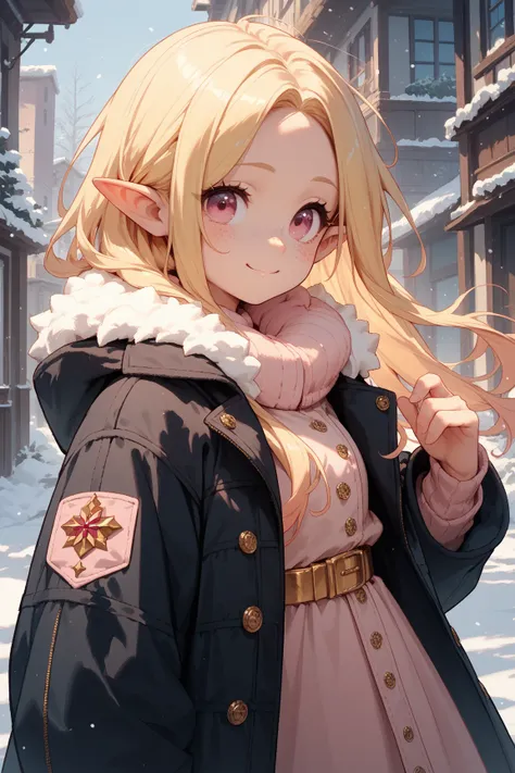 A cute half-elf lady She has side parted hair, long bright blonde hair and pink tips, pink eyes. She has freckles, Black coat with white fur trim and gold belt winter clothes, cute smile