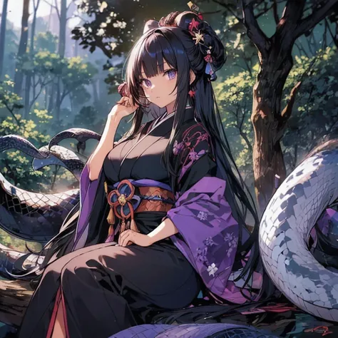 A Japanese anime-style illustration depicting a girl with anthropomorphic giant snakes and long black hair. Her large reptilian eyes with star-like highlights give her a mysterious aura and match her anime-style facial features well. Her outfit is a tradit...