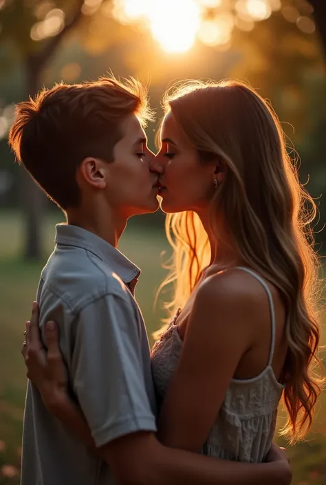 Make a video of a young boy kissing a woman passionately 