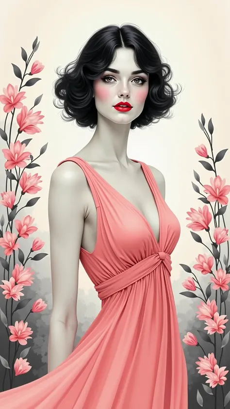 In a whimsical floral backdrop, a graceful European woman from the 1920s stands elegantly. Her delicate features are softly illuminated, framed by gentle waves of dark hair. She wears a flowing pink dress that billows lightly, enhancing her serene presence...