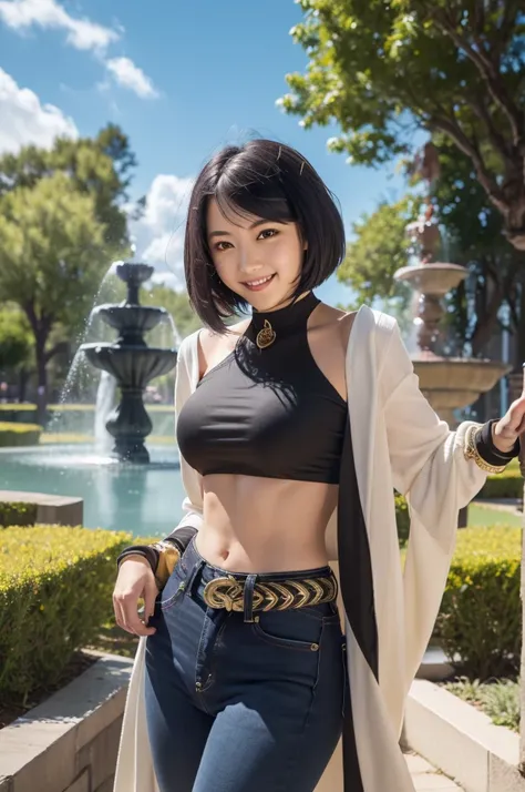 KUJOU SARA, (short blue hair, yellow eyes), black crop top with gold trim, midriff, navel, long black sleeves, gold belt, long low-waist jeans, black shoes, smile, park, fountain,(masterpiece, high details, best quality, highres, HD, 4K, 8k, super detail)