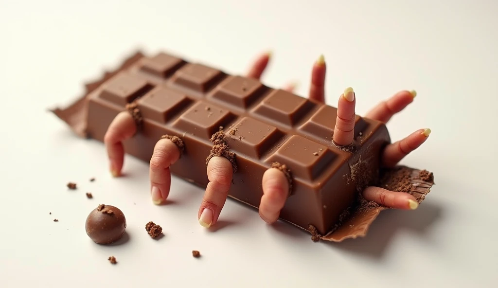 Create a surreal and whimsical image of a Snickers chocolate bar with human-like fingers emerging from the wrapper, gripping the edges as if it’s alive. The fingers are detailed with realistic textures, blending humor and eeriness, while the chocolate bar ...