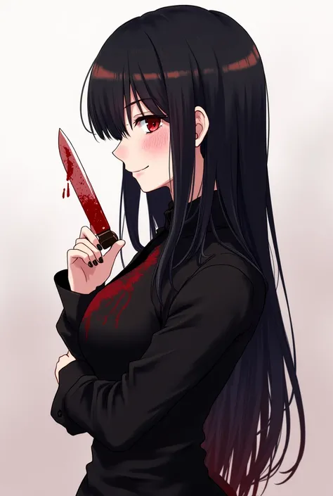 Young , standing, with a blushed face with bloodstains smiling  ,   long black hair and fringes   ,    eyes with a creepy red dot   .    Wearing beautiful and sexy black clothes with blood,  with a knife with blood on your blade , blood on your clothes too...