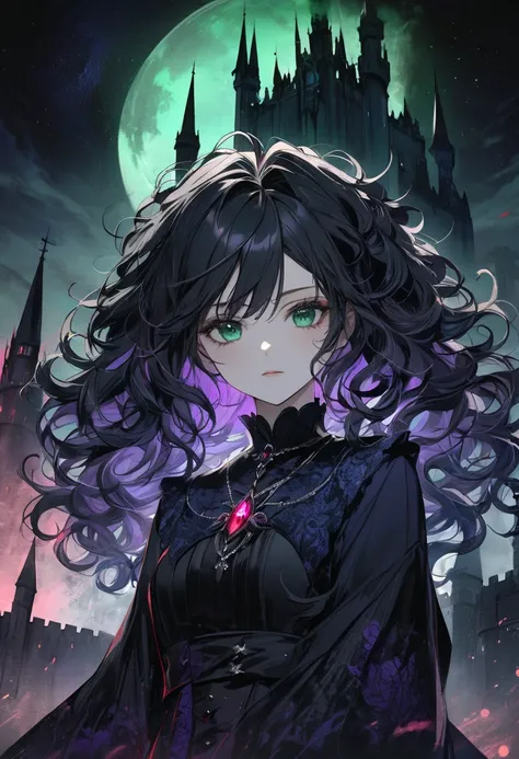 woman, dark witch, majestic, (dark castle background), messy hair,  curly hair, long black hair, gothic, dark indigo, airglow, black white indigo emerald red purple, dark muted colors, muted emerald glow