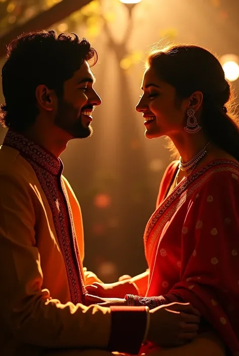 Two hindustani classical singers are singing together. One tanpura and a pair of tabla is also there. Singers are smiling by seeing each other when they are singing