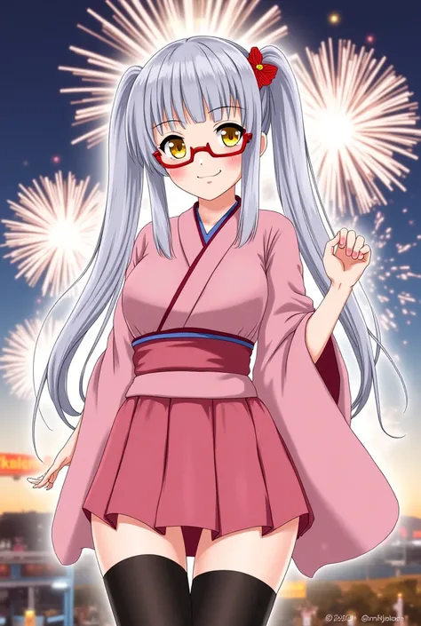 1 girl, lewd look, silver hair, long pigtails, bangs, yellow eyes, red glasses, detailed body, sexy yukata, pink little yukata, black thigh-high stockings, its night, fireworks in the background, bright fireworks, shes at a fair, (backlight), deep shadows,...