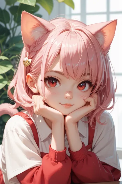 An anime girl with red eyes and pink hair siting gracefully. Her hands rest gently on her lower body. She has cat ears and a cat tail. Zoom on face, zoom into the face, zoom in face, cute, looking at the viewer. 