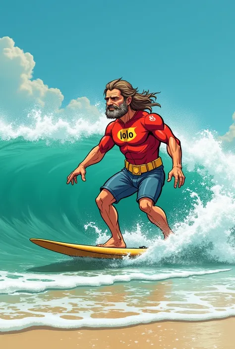 Style comics. Super LOLO fait du surf sur une vague abrupte faite deau turquoise au bord dune plage de la caraibe. Il a un look de super héros. Il  a une cinquaine dannée. Il est grisonnant avec un bouc et des cheveux longs. Sur son costume de super héros ...