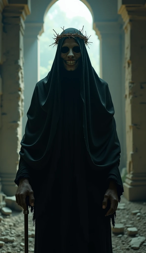  a person wearing a crown of thorns under a black veil　 his face is shrouded in darkness and I can only see a smile around his mouth 　 holding up a tin cane 　Inside the decayed temple 