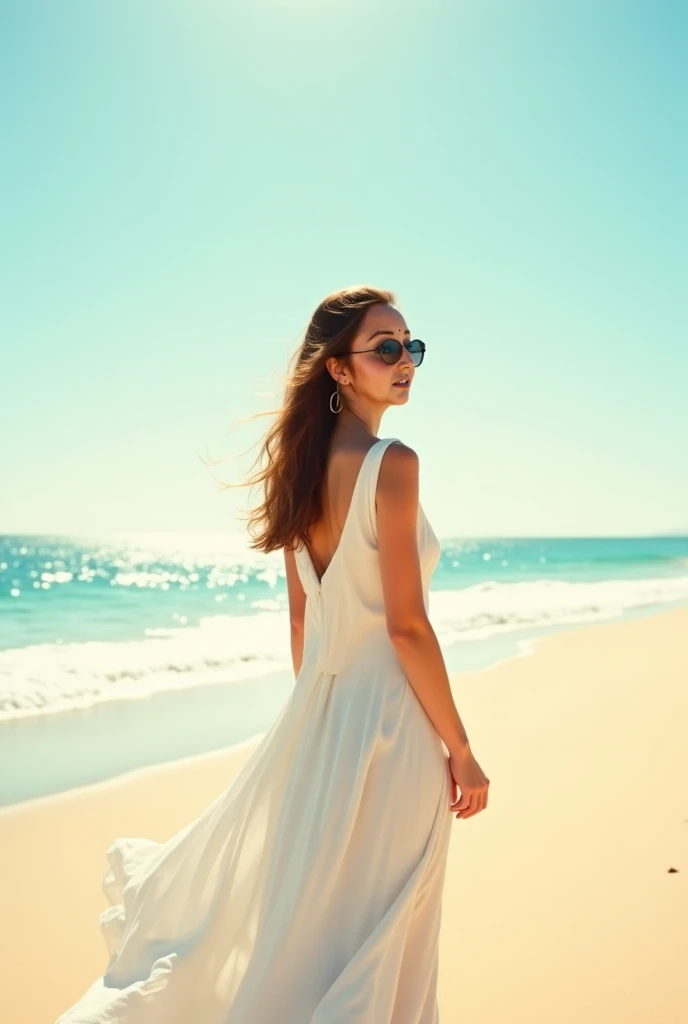  beach background,  white dress , sunglasses, Natural image